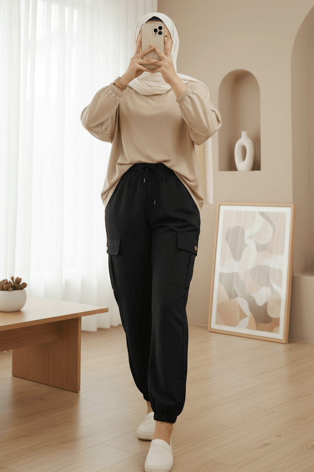 Black Drawstring Cargo Jeans with Elastic Waist and Cuffs - Podyumplus - by Peralane - photo 2