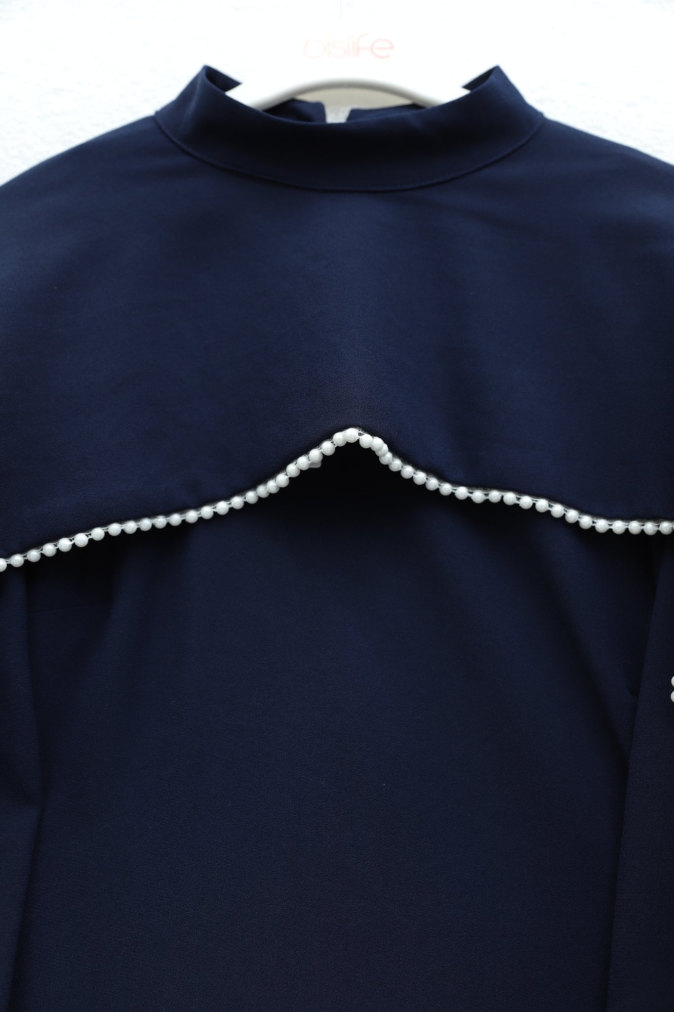 Pearl-Detailed Detachable Cape Spanish Sleeve Lined Crepe Abaya Dress - Navy Blue - Podyumplus - by Peralane - photo 7