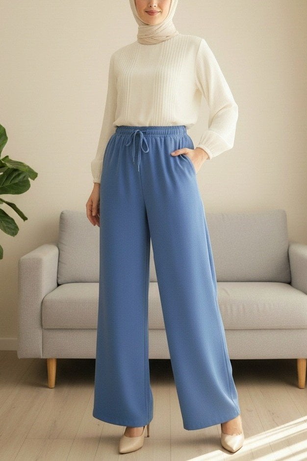 Elasticated Waist Drawstring Wide-Leg Trousers - Indigo - Podyumplus - by Peralane - photo 4
