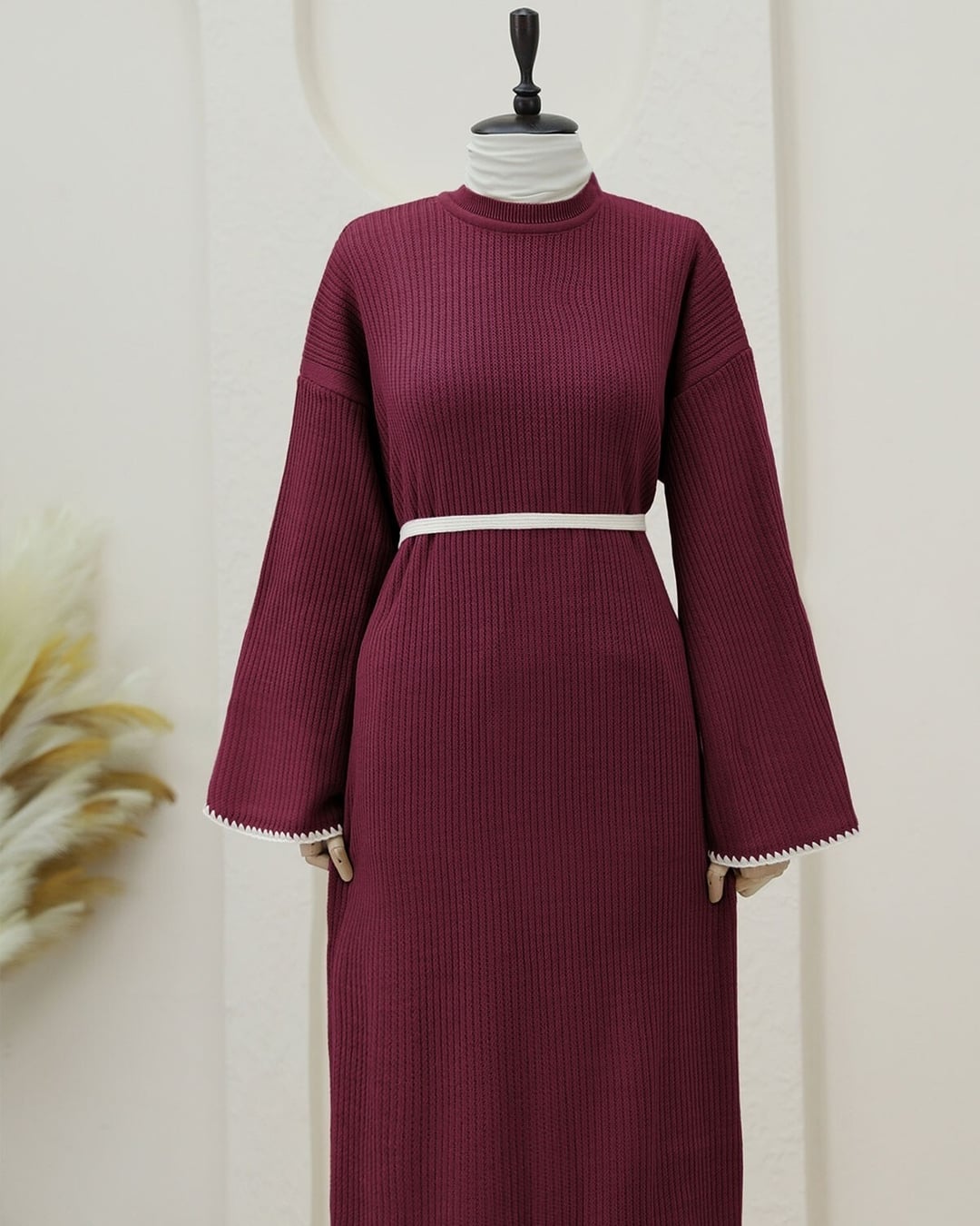 Embroidered Lace-Up Knit Dress - Burgundy - Podyumplus - by Peralane - photo 4