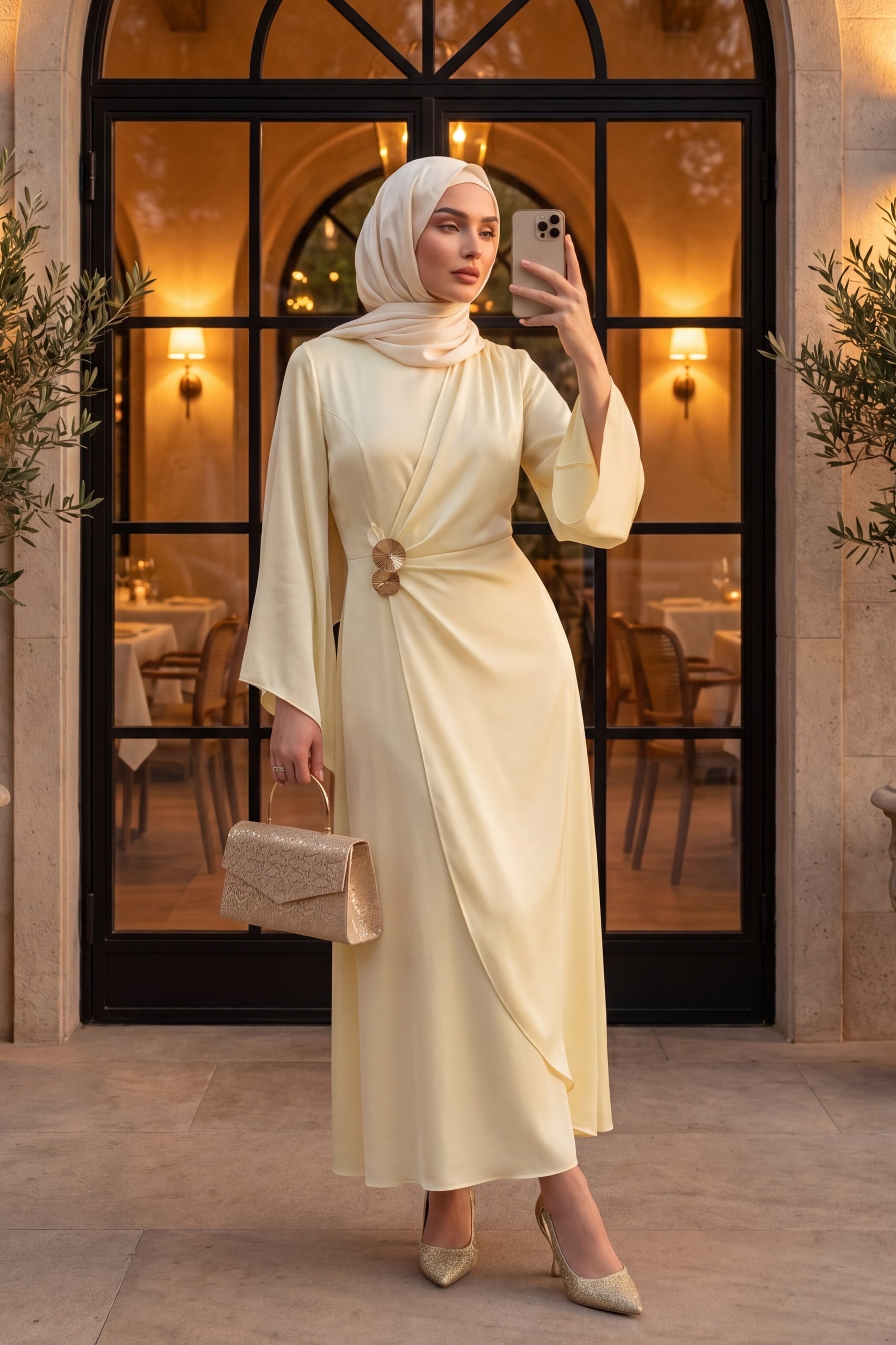 Ivory Satin Evening Dress with Buckle Detail and Asymmetric Sleeves - Podyumplus - by Peralane