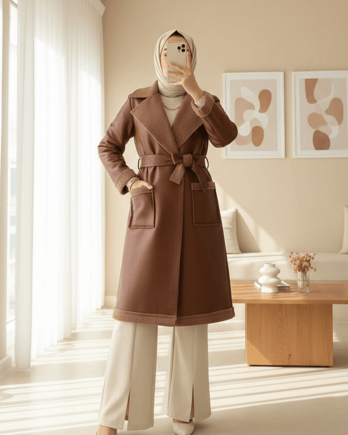 Belted Double-Pocket Faux Fur Lined Coat - Tan - Podyumplus - by Peralane - photo 3