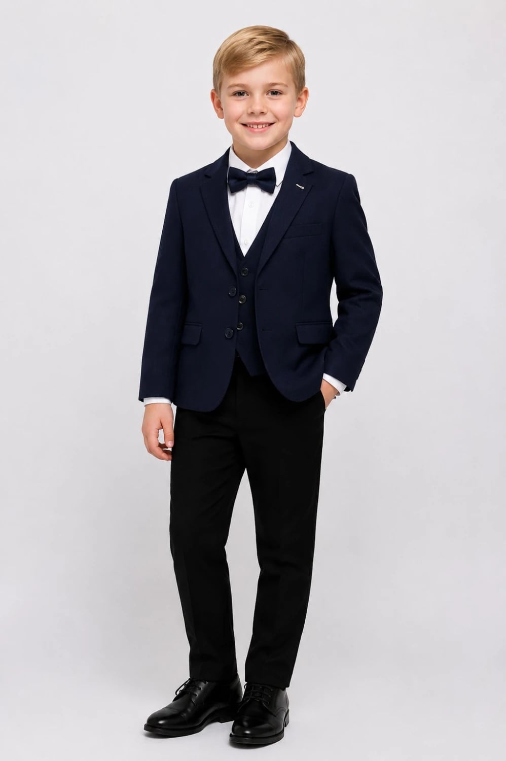 Boys' Navy Blue Linen Suit Set with Waistcoat, Shirt, and Bow Tie - Terry - by Peralane