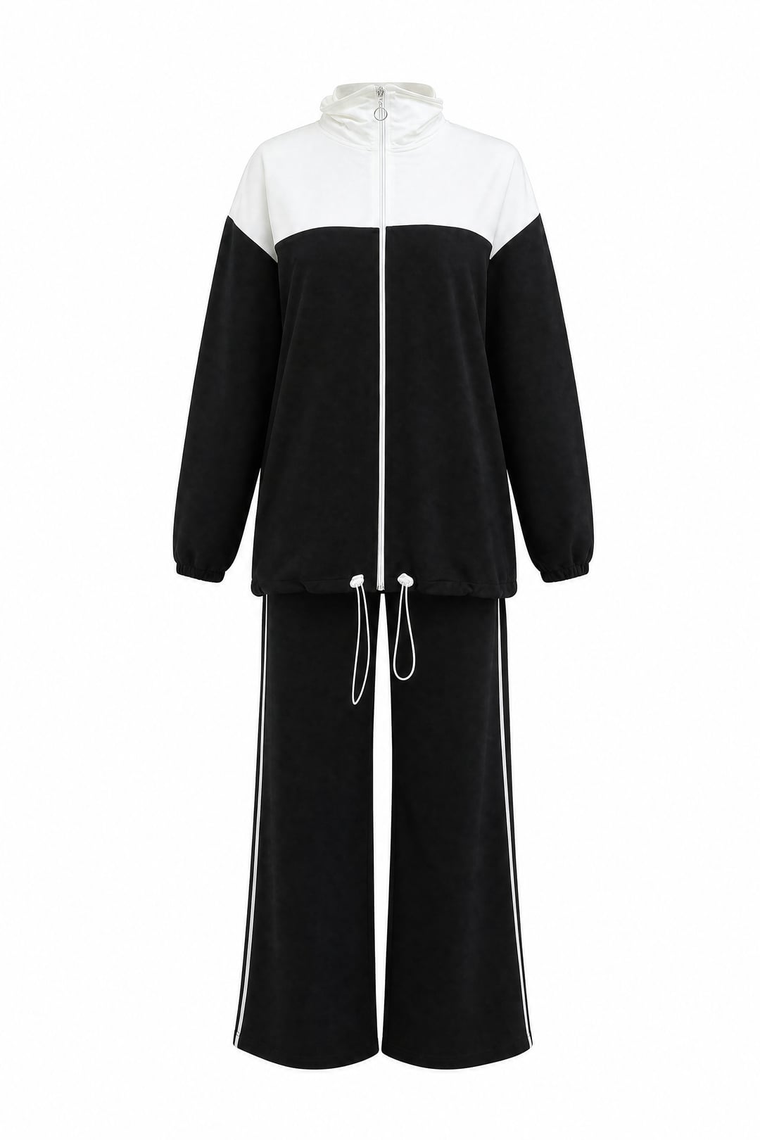 Zip-Front Hooded Tracksuit Set with Striped Trousers - Black - Podyumplus - by Peralane - photo 6