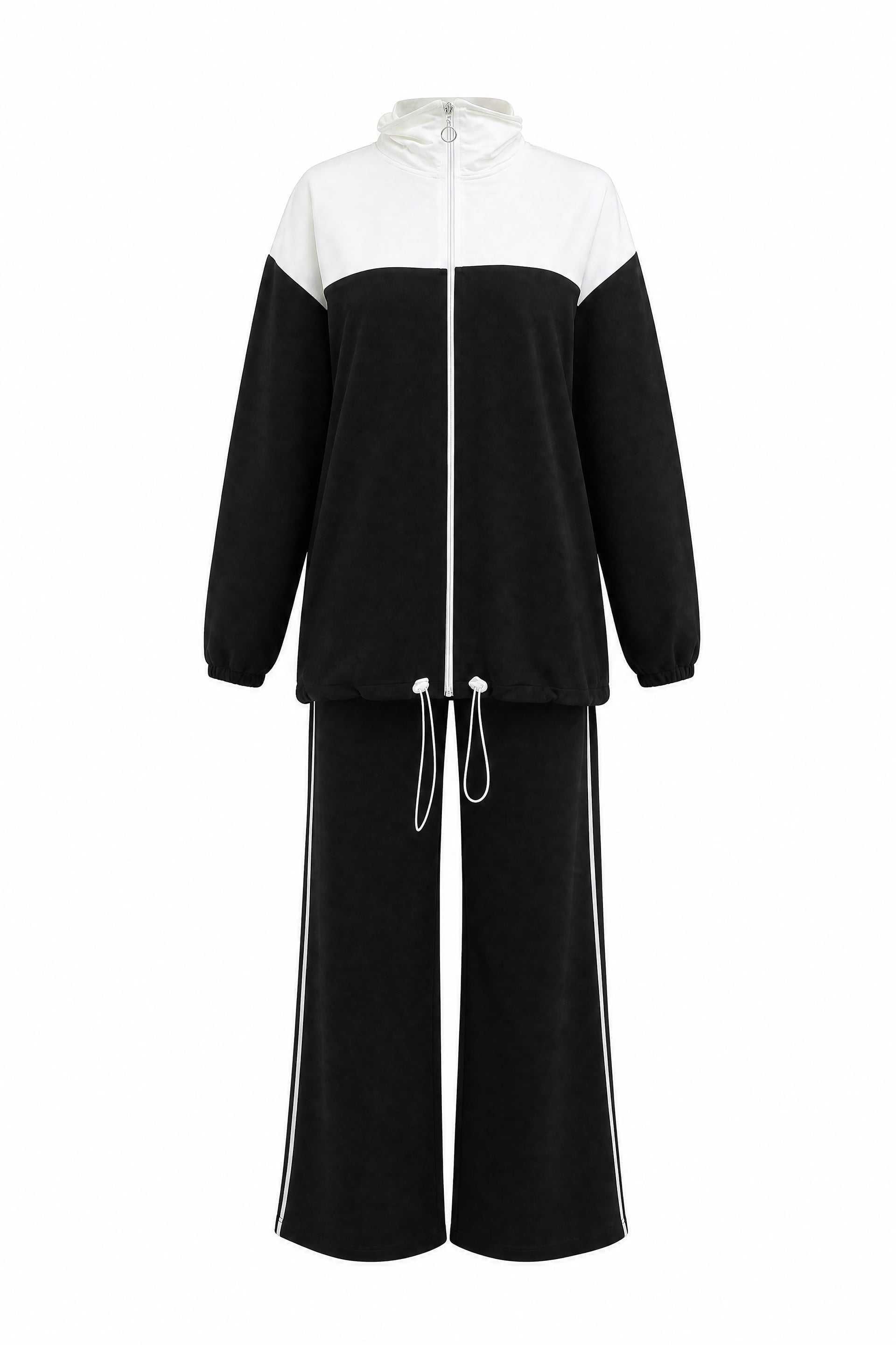 Zip-Front Hooded Tracksuit Set with Striped Trousers - Black - Podyumplus - by Peralane - photo 6