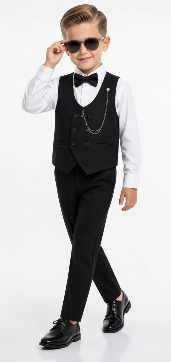 Boys' 4-Piece Formal Suit Set with Waistcoat, Black - Terry - by Peralane