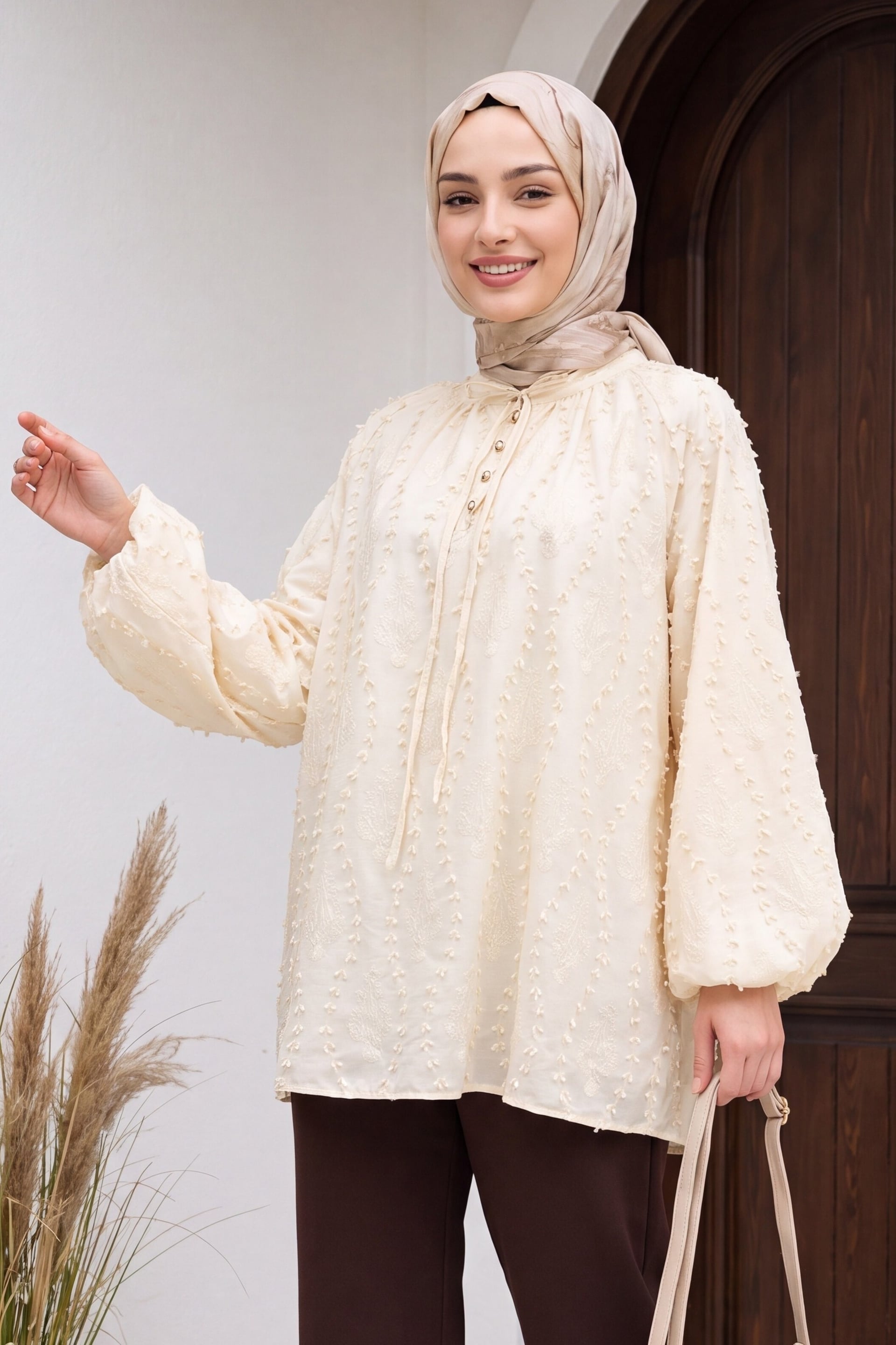 Lace-Up Collar Buttoned Lined Embroidered Oversize Linen Tunic - Yellow - Podyumplus - by Peralane - photo 6