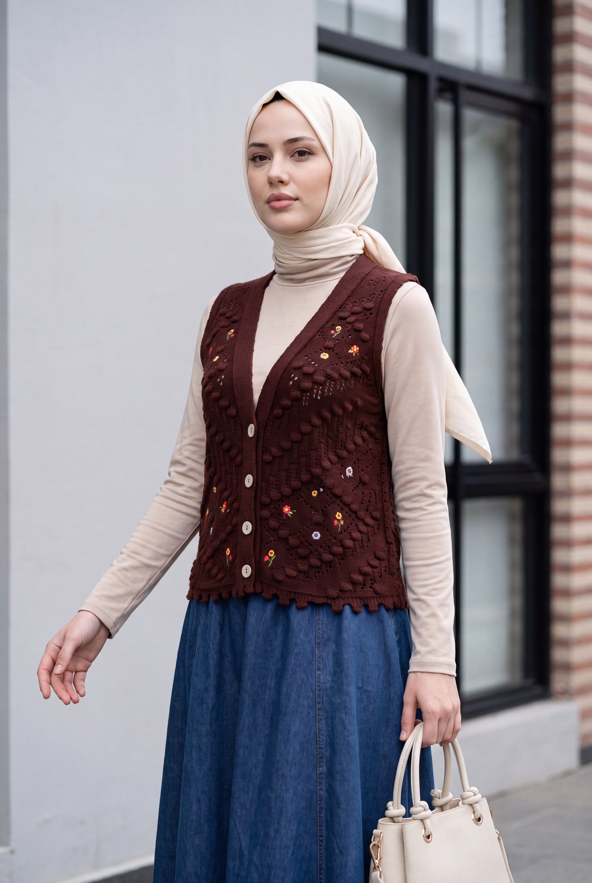 Burgundy Pom-Pom Floral Embroidered Openwork Knitted Vest - Podyumplus - by Peralane - photo 4