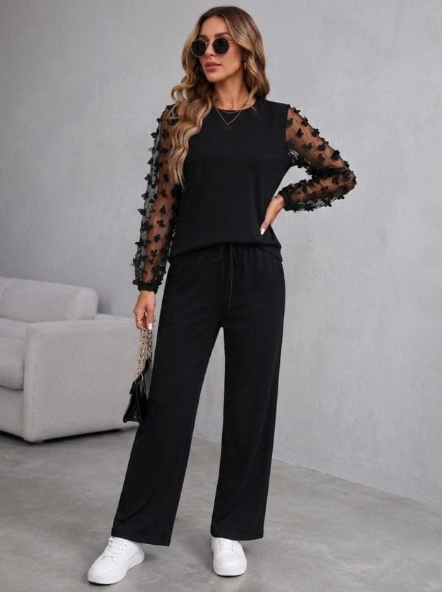 Women's Long-Sleeve Cycling Neck Tulle Sleeve Viscose Two-Thread Blouse and Pants Two-Piece Set - Janes - by Peralane - photo 2