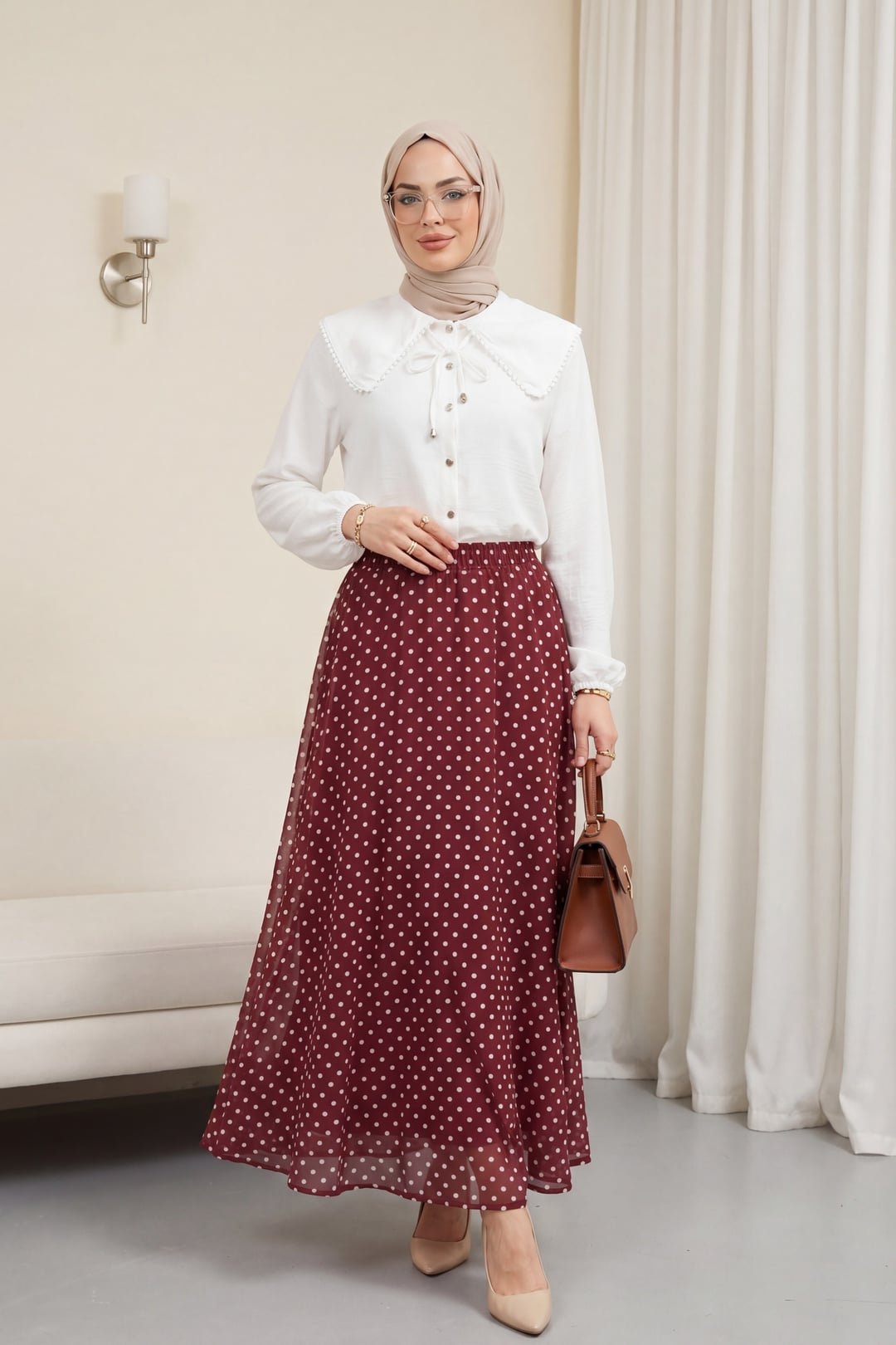 Polka Dot Elasticated Waist Lined Chiffon Skirt - Burgundy - Podyumplus - by Peralane - photo 2