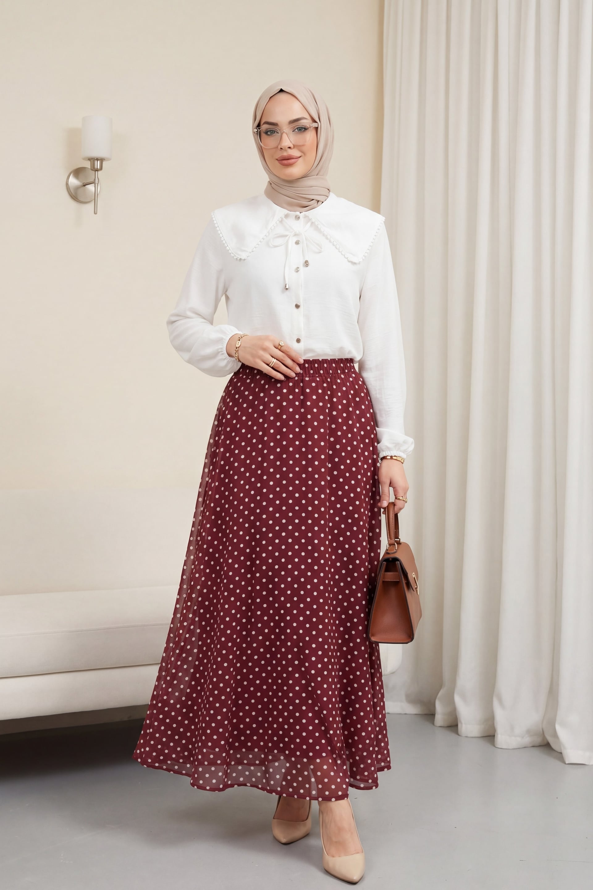 Polka Dot Elasticated Waist Lined Chiffon Skirt - Burgundy - Podyumplus - by Peralane - photo 2