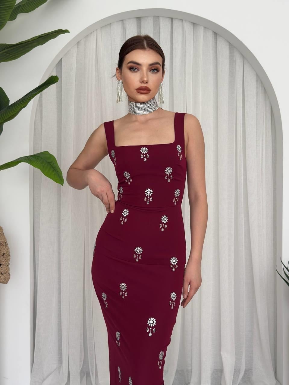 Bordeaux Stretch Knit Dress with Silver Floral Detail - Etika - by Peralane
