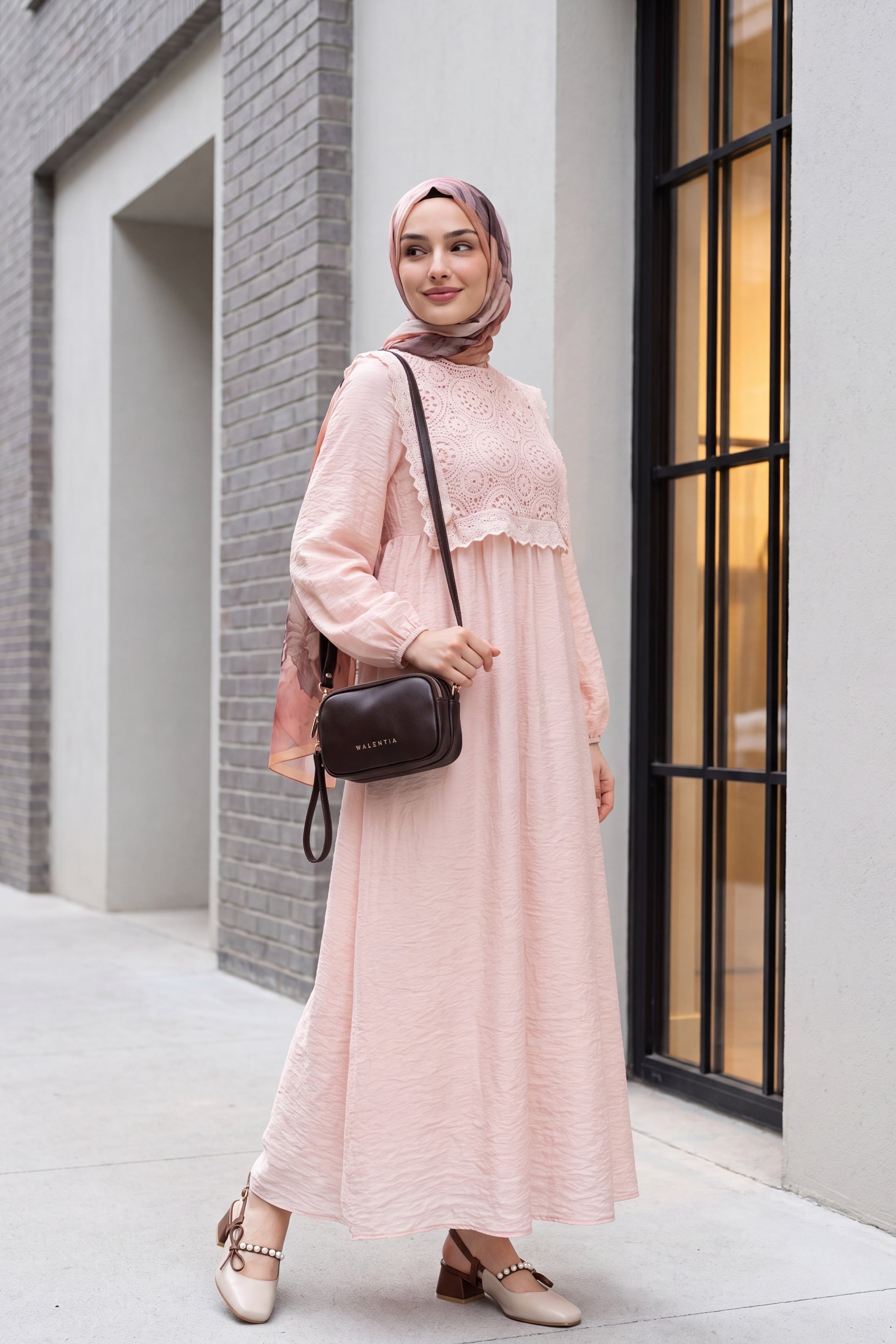 Removable Lace Vest Long-Sleeved Lined Crepe Dress - Powder - Podyumplus - by Peralane - photo 4