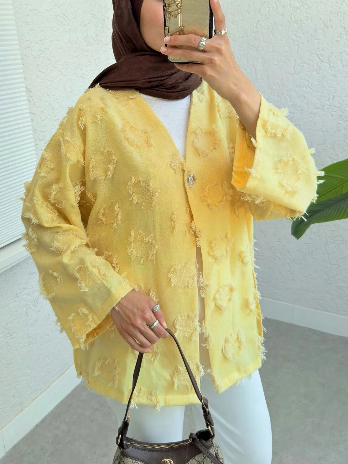 Single Button Fringed Slit Kimono - Yellow - Podyumplus - by Peralane - photo 3