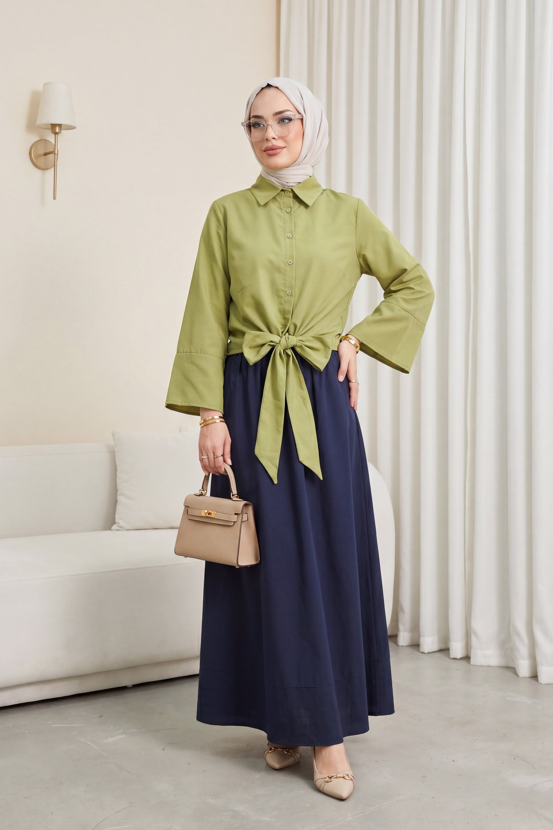 Tie-Waist Spanish Sleeve Poplin Blouse - Oil Green - Podyumplus - by Peralane - photo 4