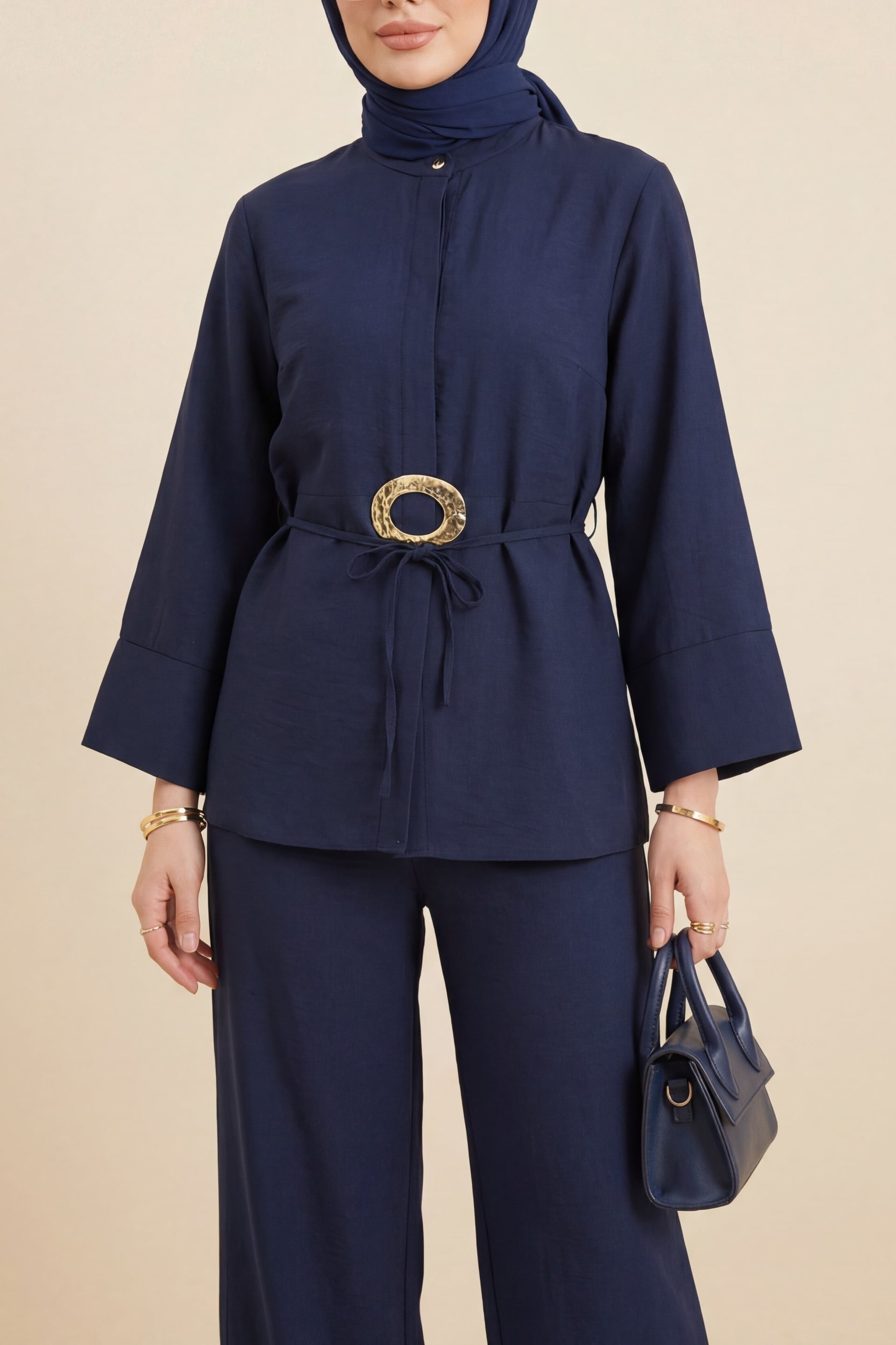 Navy Blue Belted Half-Button Tunic and Wide-Leg Trousers Set - Podyumplus - by Peralane - photo 3
