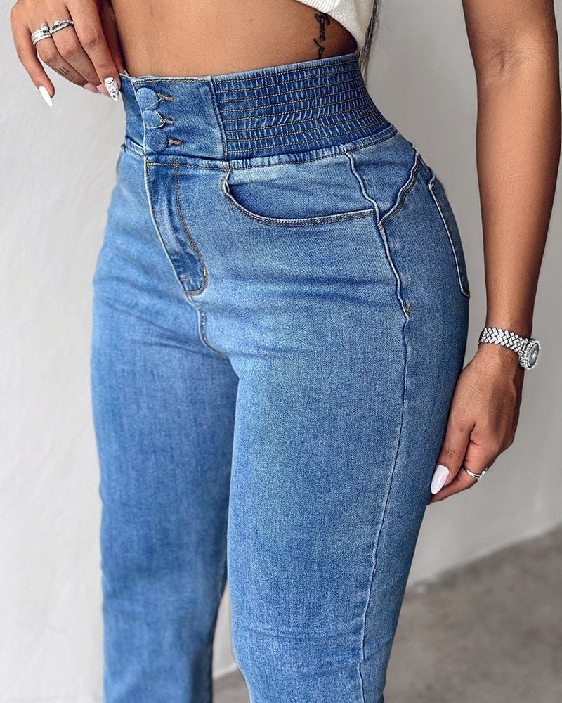 Women's High-Waist Elasticated Side Denim Jeans with Front Buttons - Janes - by Peralane - photo 7