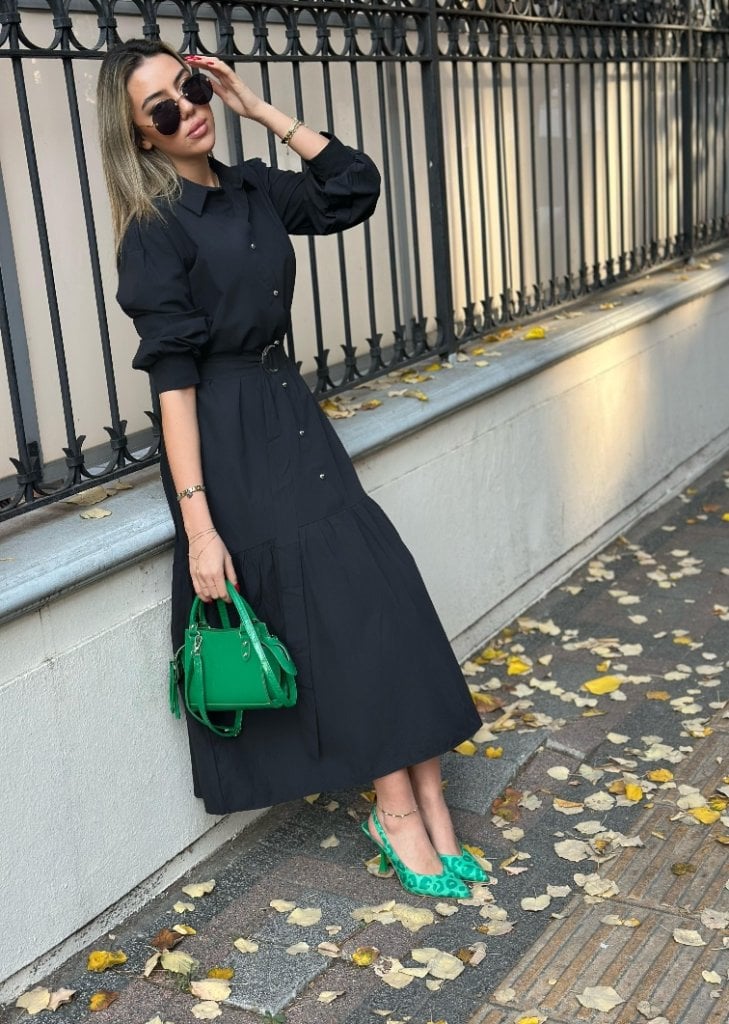 Women's Long Sleeve Collared Button Front Woven Maxi Dress with Metal Belt - Janes - by Peralane - photo 3