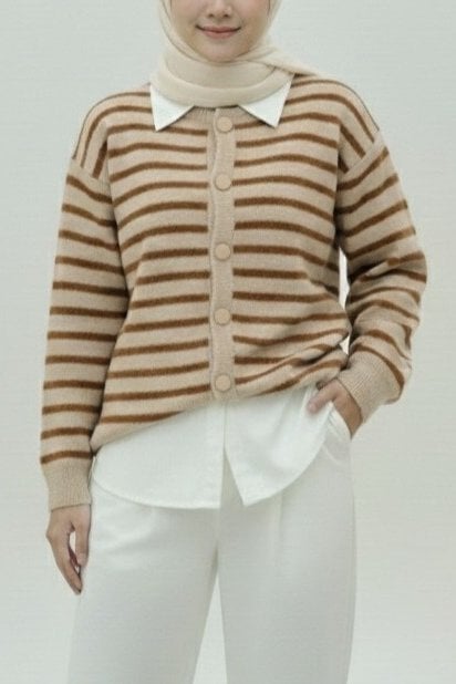 Women's Striped Button-Front Knit Cardigan - Brown - Podyumplus - by Peralane