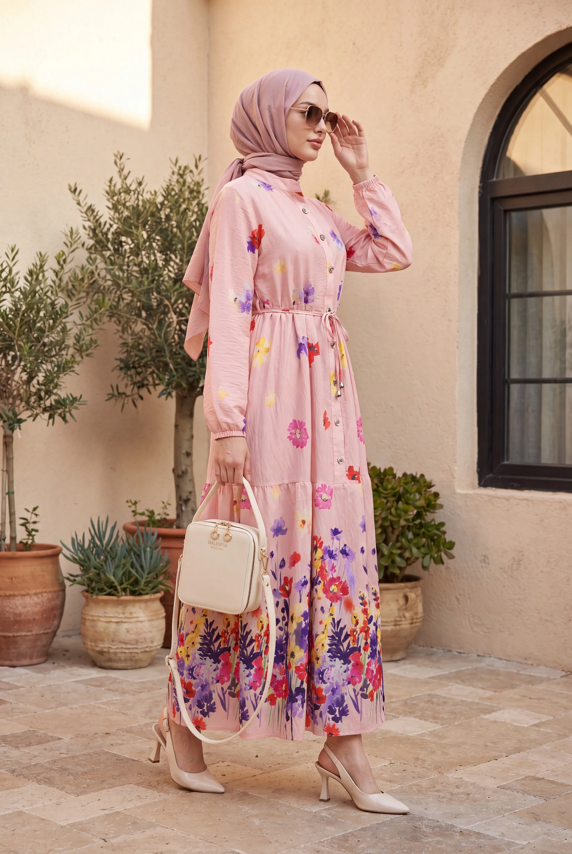 Floral Print Button-Front Belted Policoton Dress with Elastic Cuffs - Powder - Podyumplus - by Peralane - photo 4
