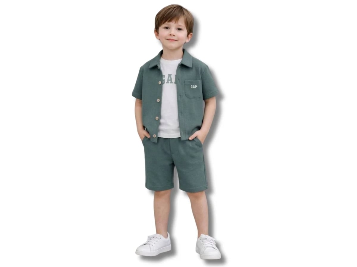 Boys' Two-Piece Shirt and Shorts Set in Muted Green, Pack of 5 - Replikas - by Peralane