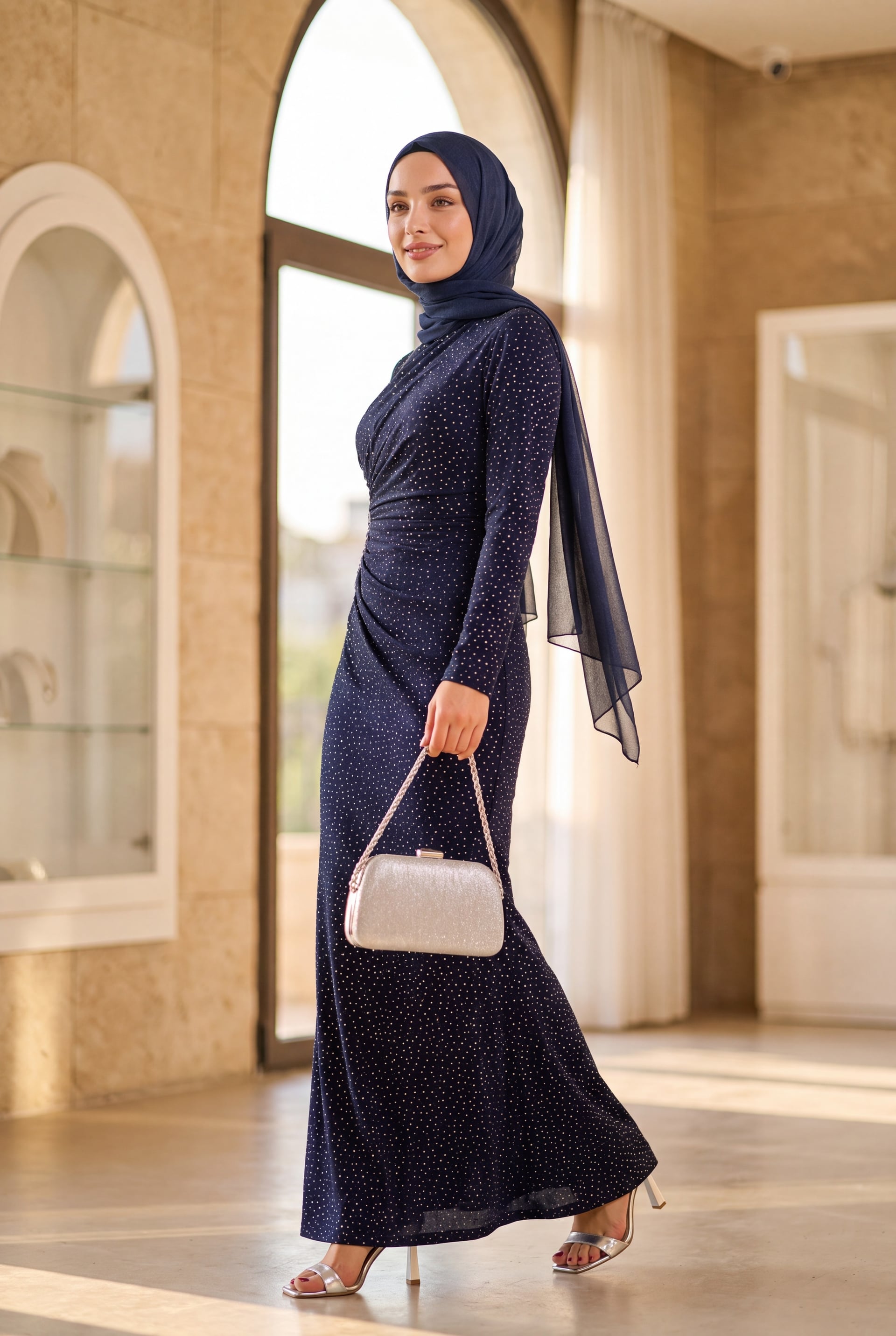 Navy Blue Draped Rhinestone Long Evening Dress - Podyumplus - by Peralane - photo 4