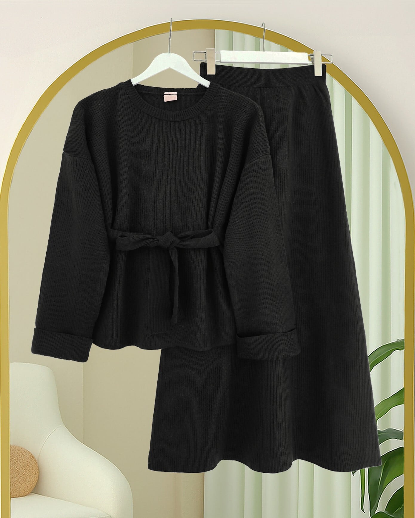 Black Knit Two-Piece Set with Long-Sleeve Top and Skirt for Women - Podyumplus - by Peralane - photo 2