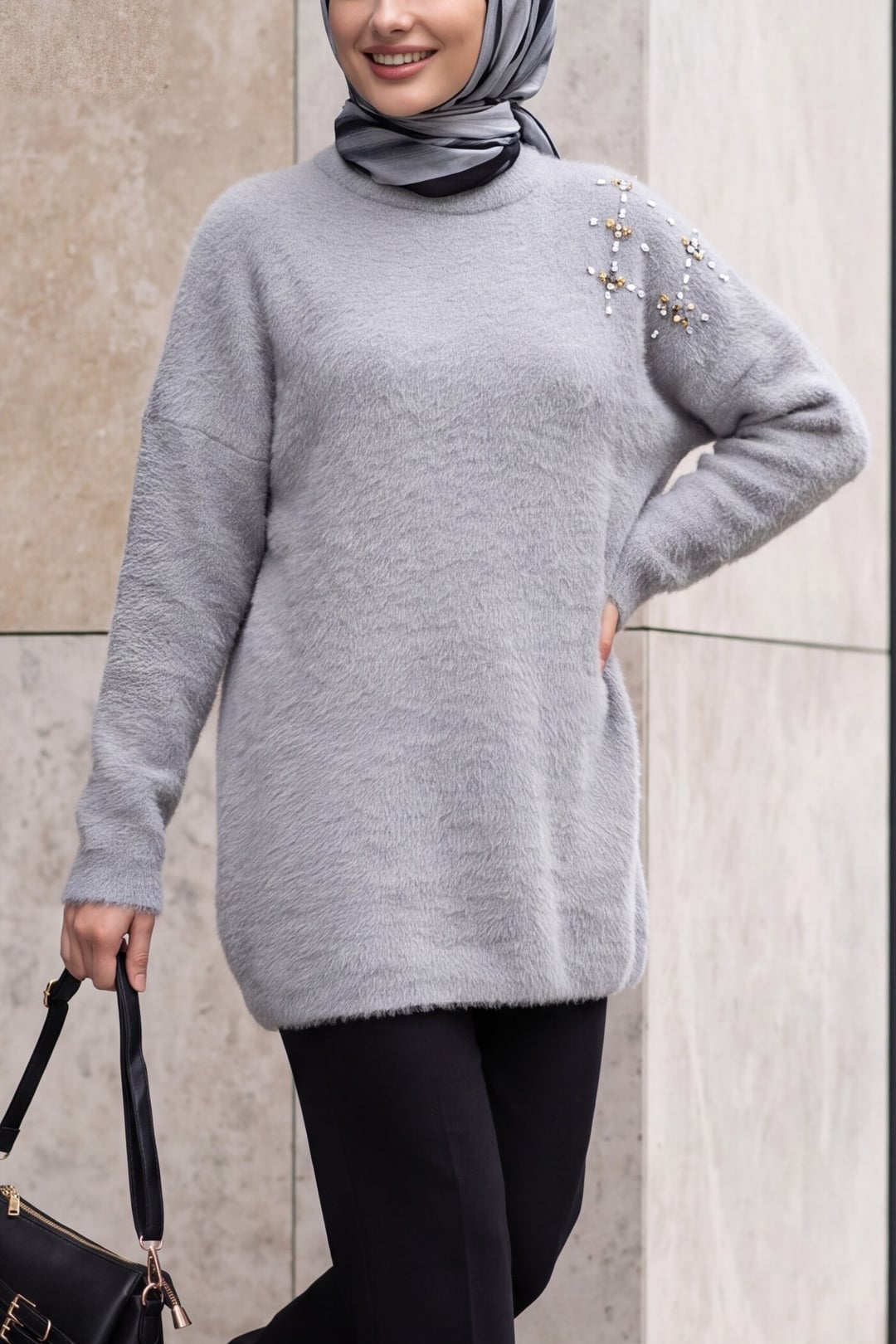 Stone Detail Soft Knit Tunic - Grey - Podyumplus - by Peralane