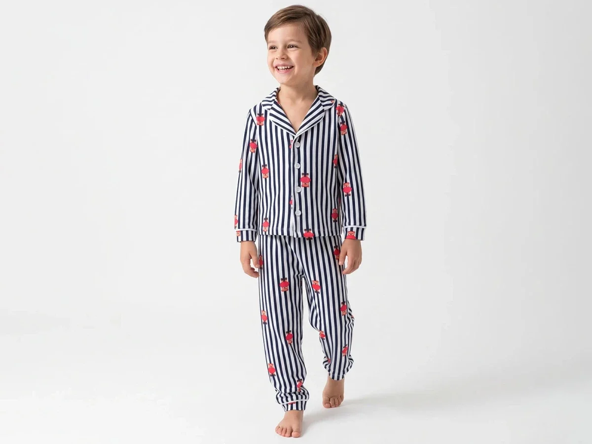 Striped Button-Up Collar Boys' Pyjama Set with Strawberry Print - Dolas - by Peralane