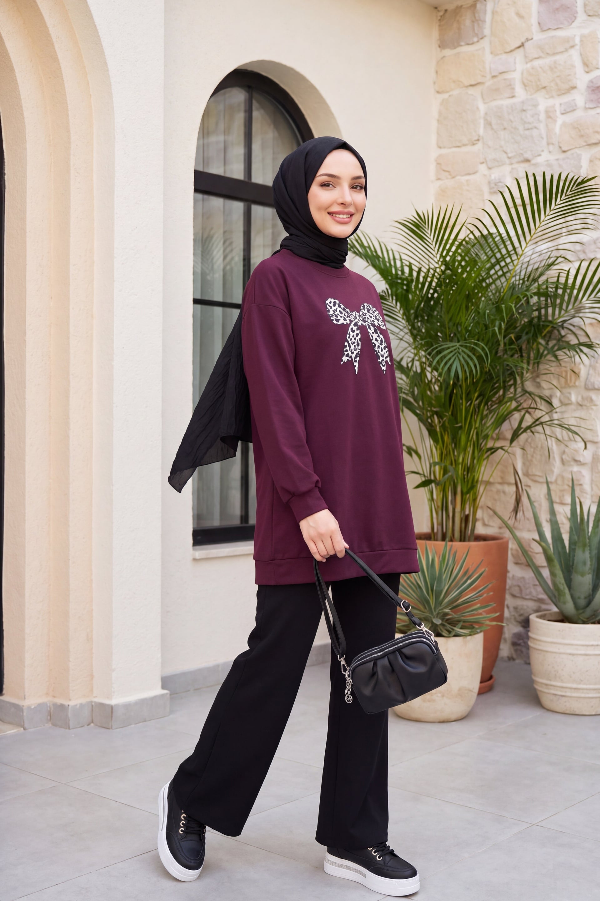 Round Neck Bow Print Oversized Tunic - Plum - Podyumplus - by Peralane - photo 2