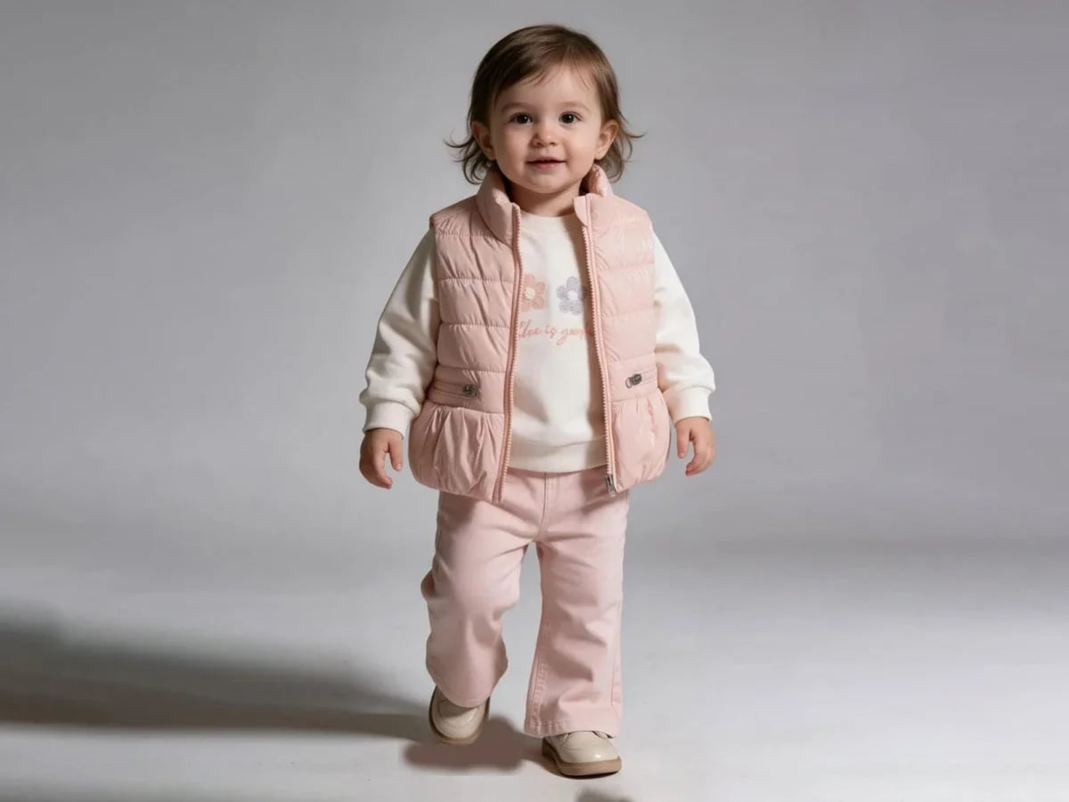 Girls' 4-Piece Set with Floral Sweatshirt and Puffer Vest - Beyaz Bebek - by Peralane