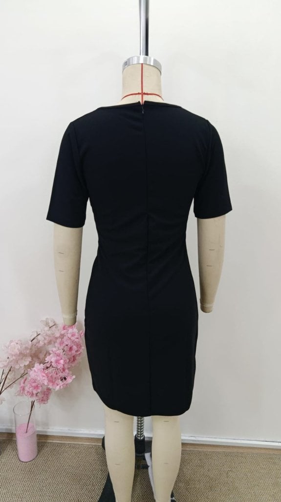 Women's Black Short-Sleeved Round-Neck Tulip Dress with Front Gathering - Janes - by Peralane - photo 6