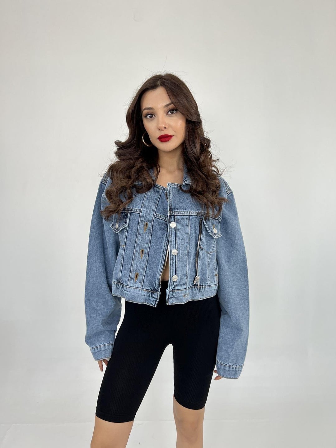 Women's Blue Denim Jacket with Zip Front - Fame - by Peralane - photo 4