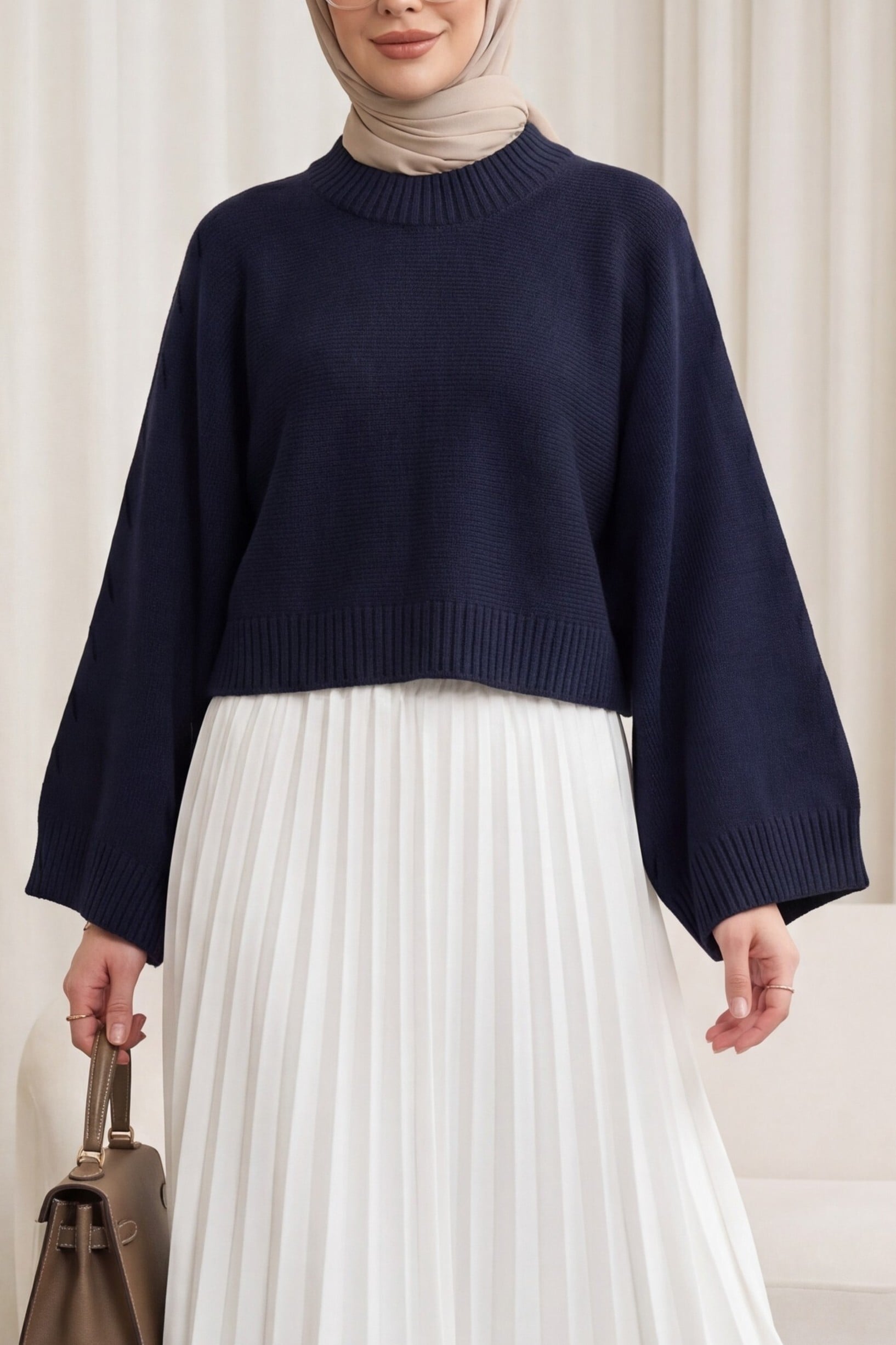 Women's Half Mock Neck Batwing Sleeve Tunic Sweater in Navy - Podyumplus - by Peralane - photo 2