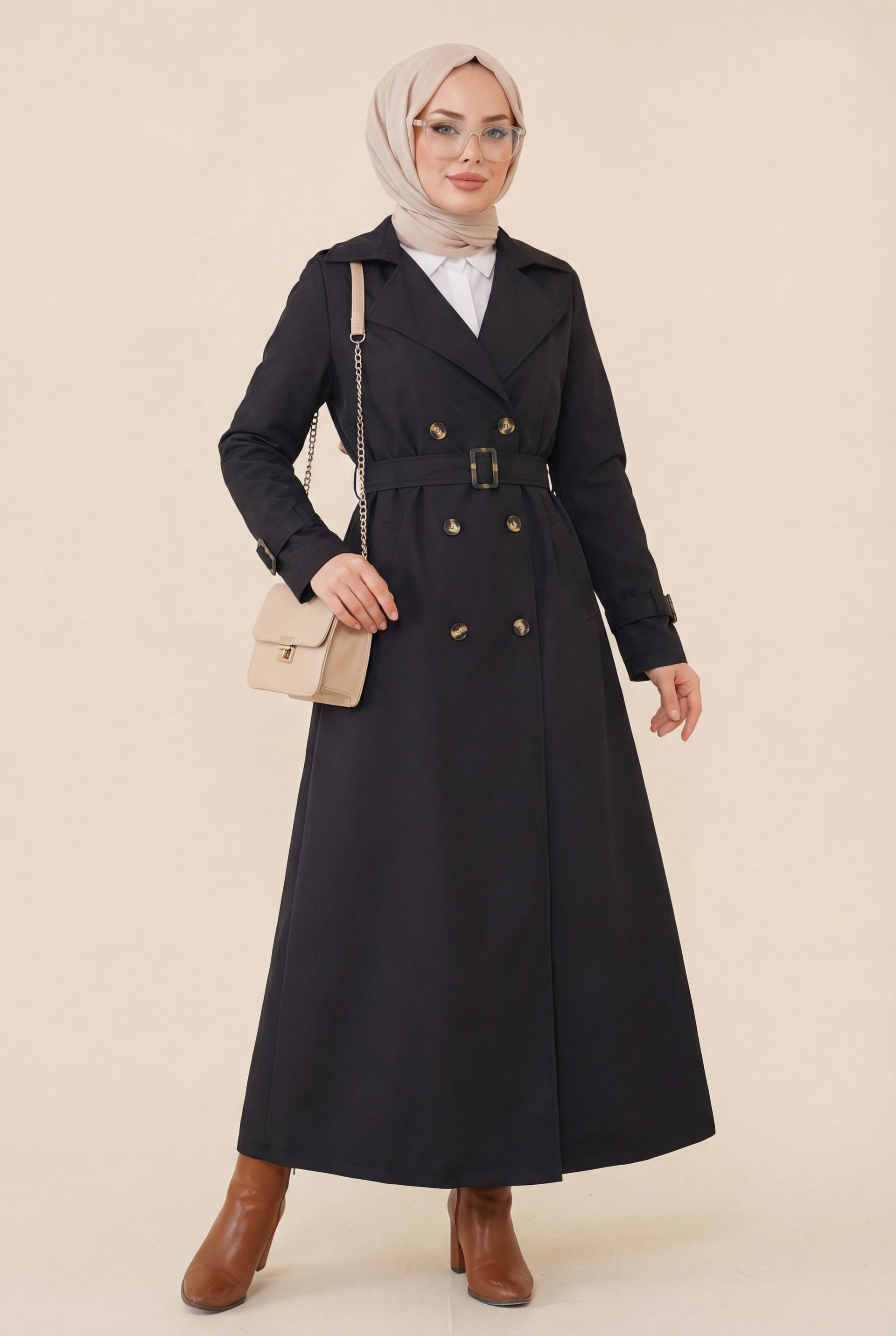 Long Double-Breasted Trench Coat with Belt and Epaulettes - Black - Podyumplus - by Peralane - photo 2