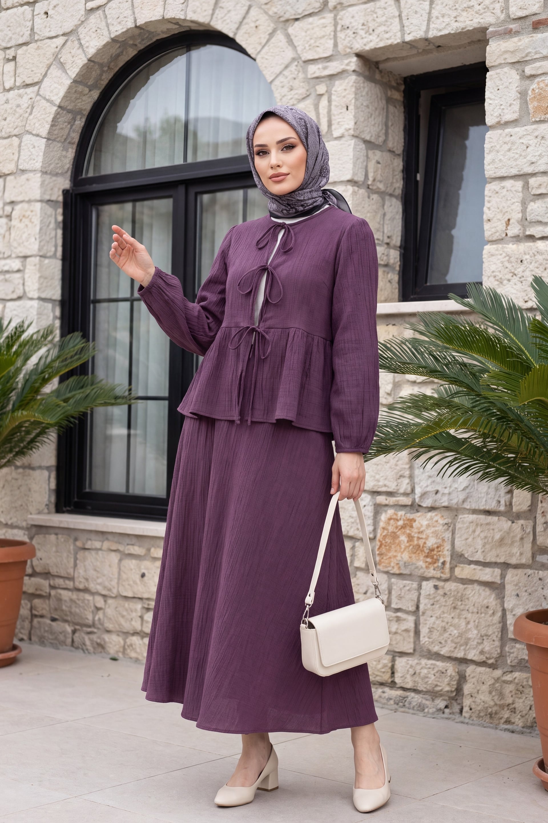 Front Tie, Elasticated Sleeve, Crinkled Two-Piece Set with Tunic and Maxi Skirt | Deep Plum - Podyumplus - by Peralane - photo 2