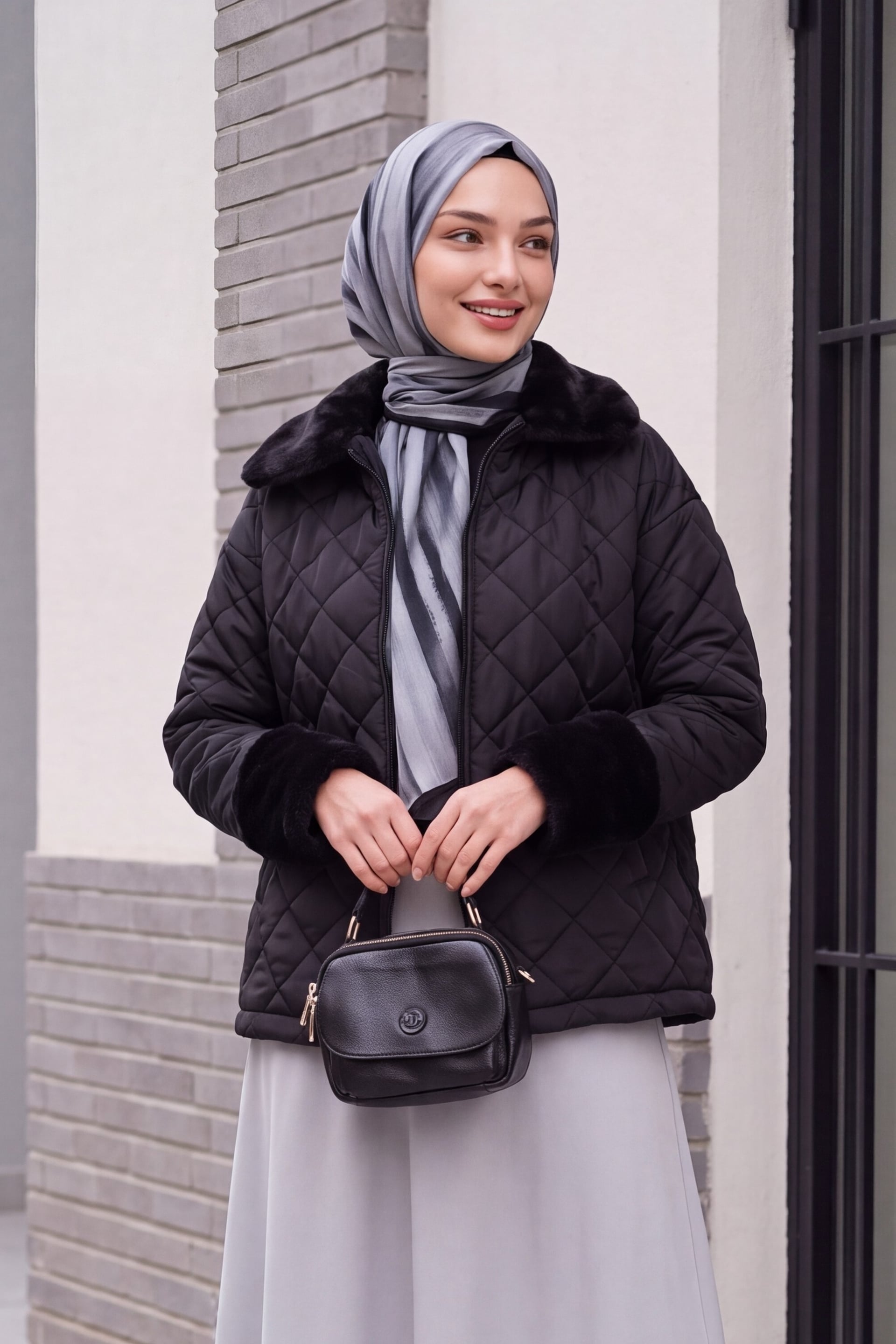 Black Quilted Jacket with Faux Fur Trim - Bigdart - by Peralane - photo 3