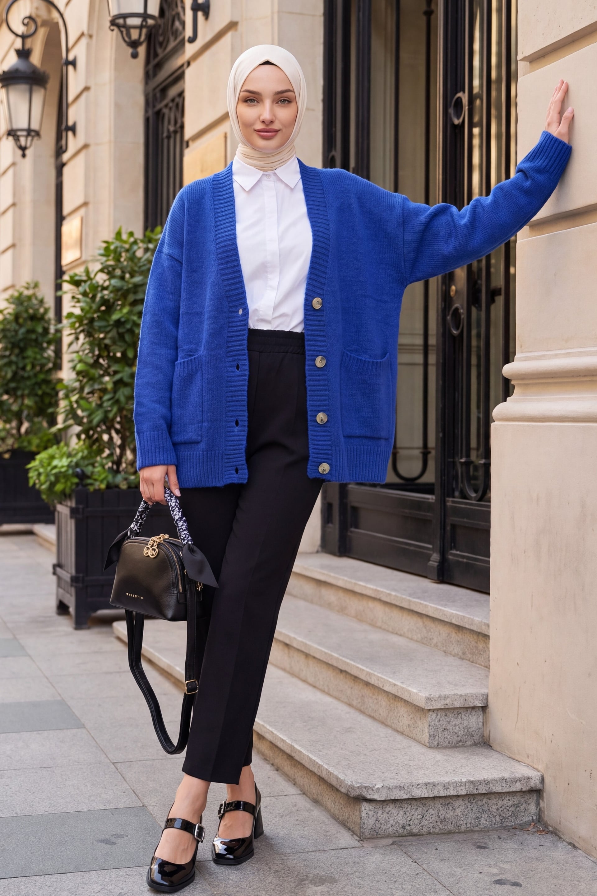 Buttoned Double-Pocket Slouchy Knit Cardigan - Saks Blue - Podyumplus - by Peralane - photo 3