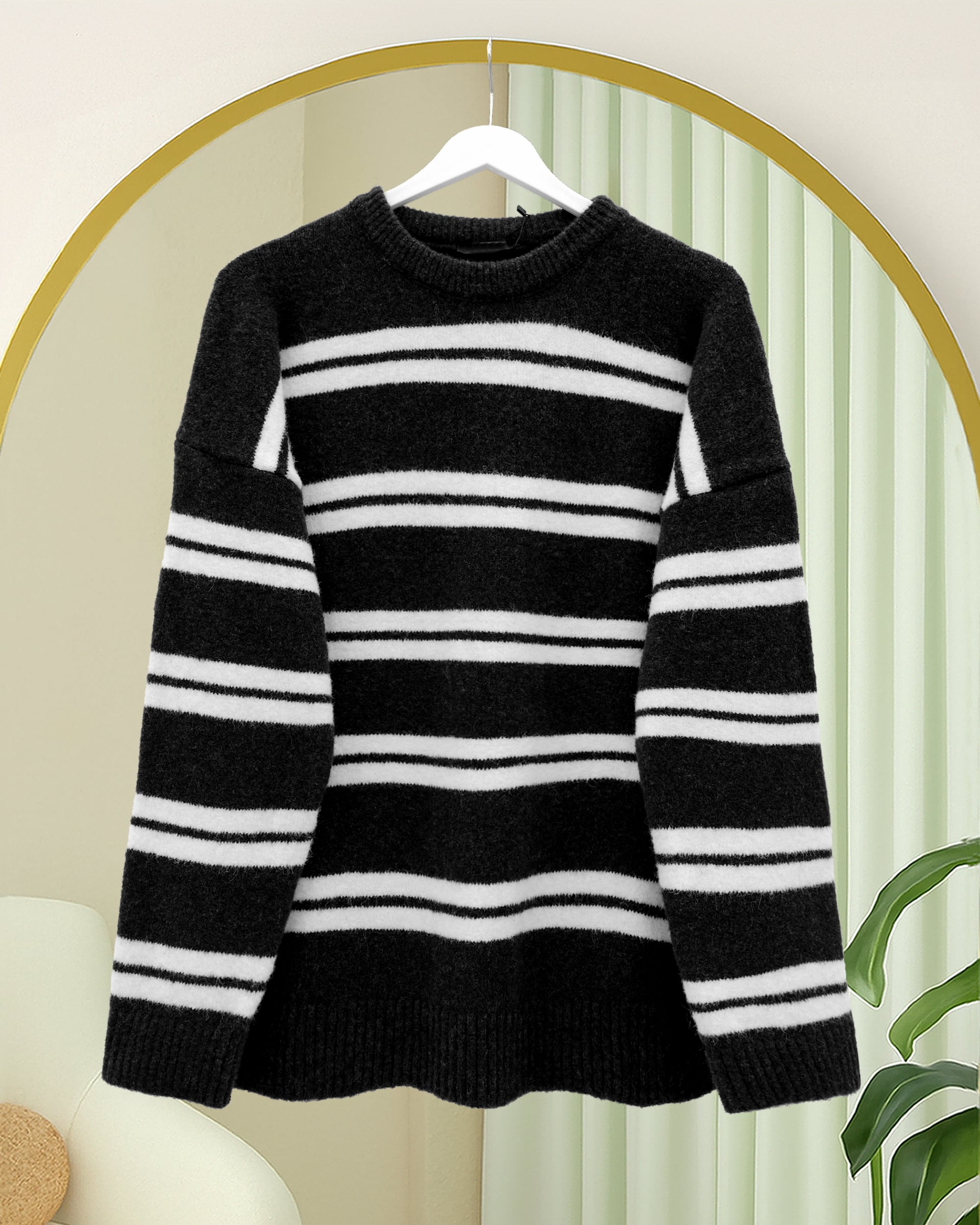 Black Striped Soft Knit Sweater with Boat Neckline - Podyumplus - by Peralane - photo 3