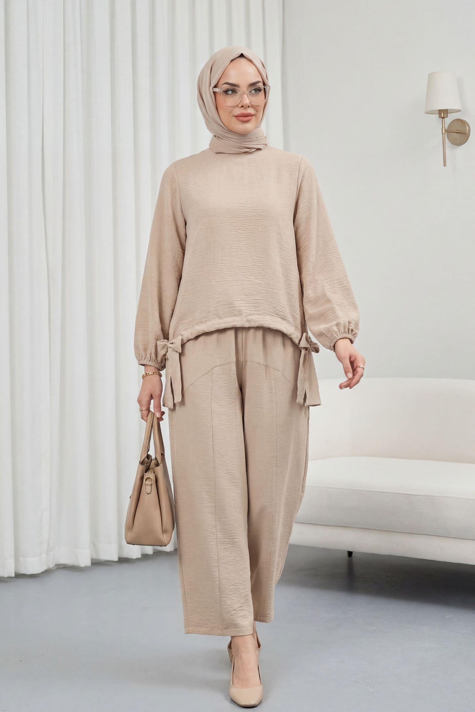 Beige Modest Tunic and Trousers Set with Hijab - Podyumplus - by Peralane - photo 4