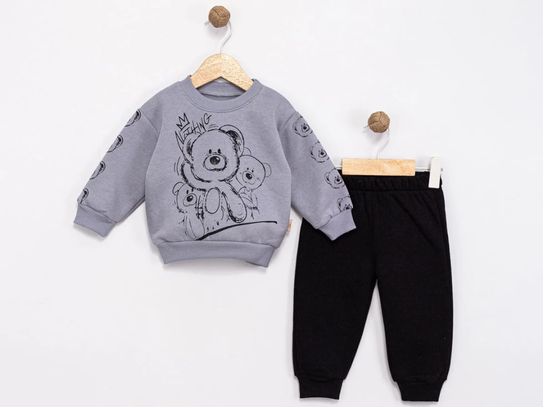Bear Print 3-Thread Brushed Baby Boy Set - Grey - Feely Kids - by Peralane