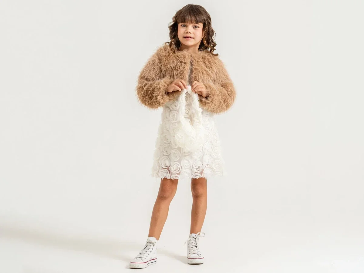 Girls' Rose Embroidered Lace Dress with Faux Fur Bolero Jacket Set - Brown - Pampal Kids - by Peralane