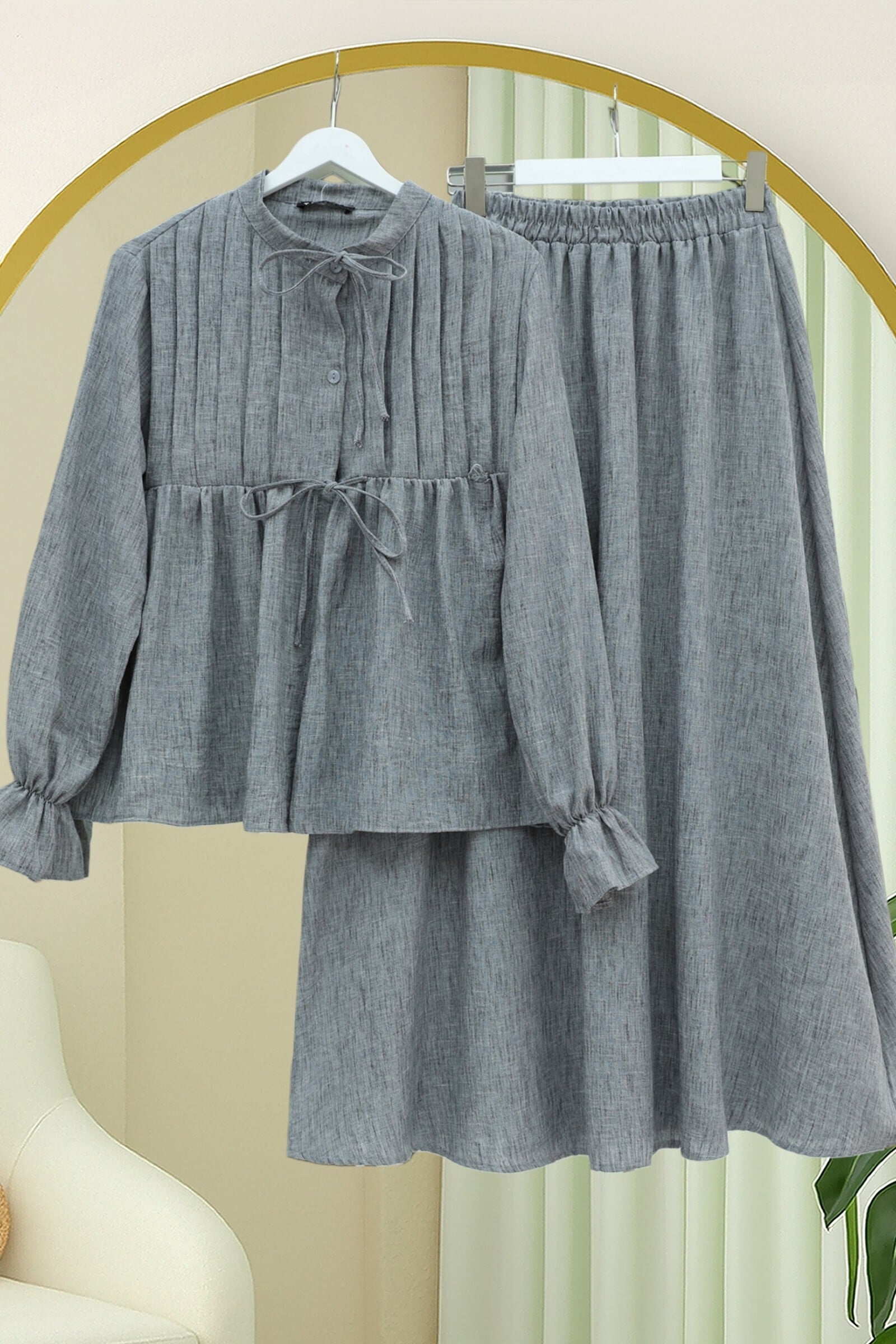Half Button Drawstring Linen Look Two Piece Set with Skirt - Smoke Grey - Podyumplus - by Peralane - photo 5