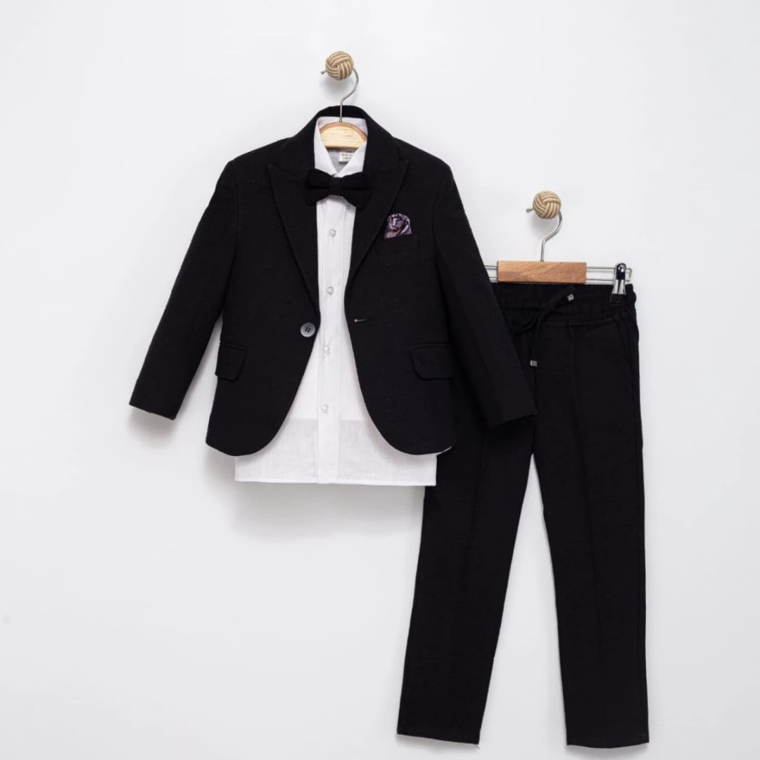 Linen Fabric Boy's Suit Set of 4, Black, 3-6 Years - Terry - by Peralane