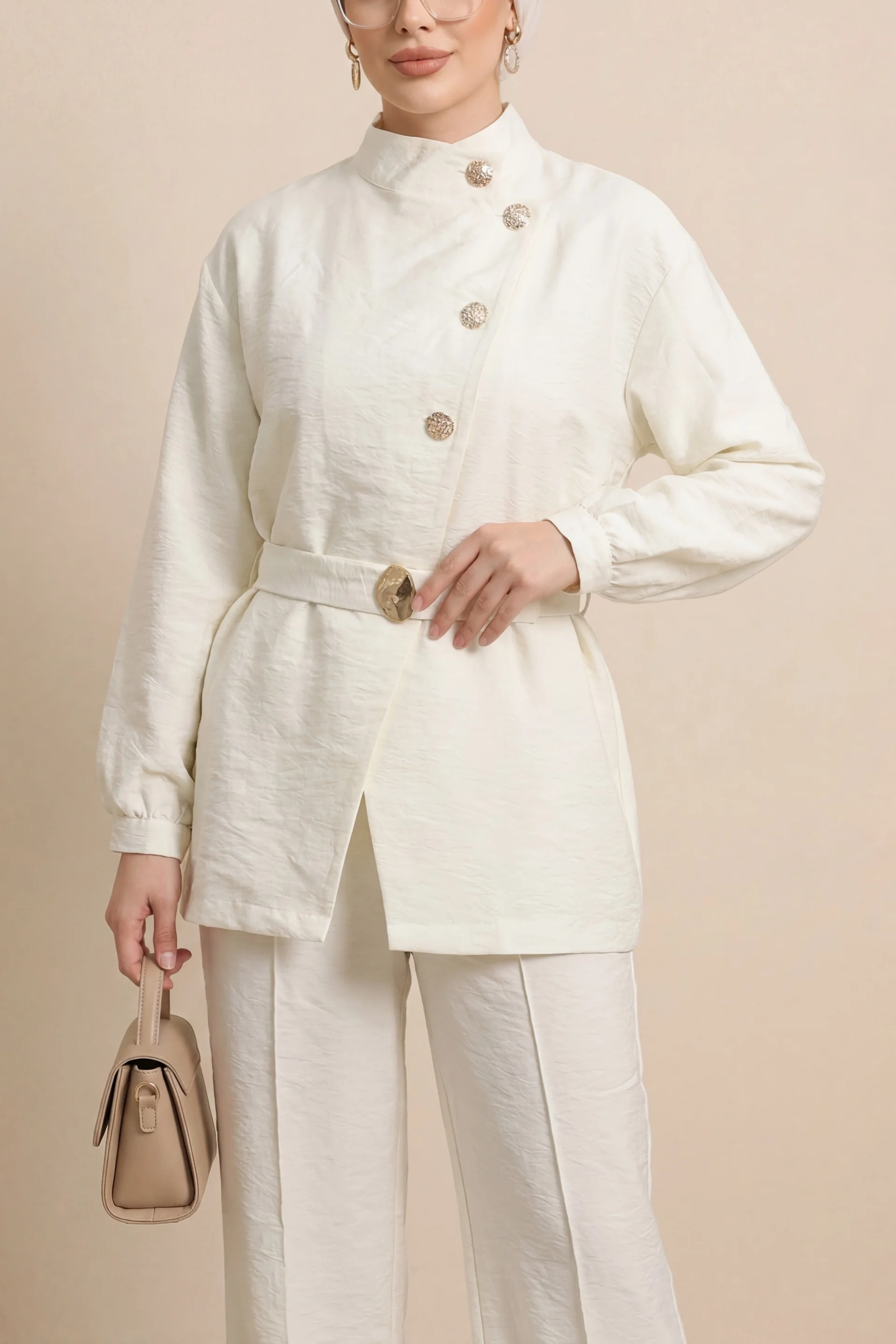 Gold Button Belted Frill Detail Two-Piece Set - Ecru - Podyumplus - by Peralane - photo 3