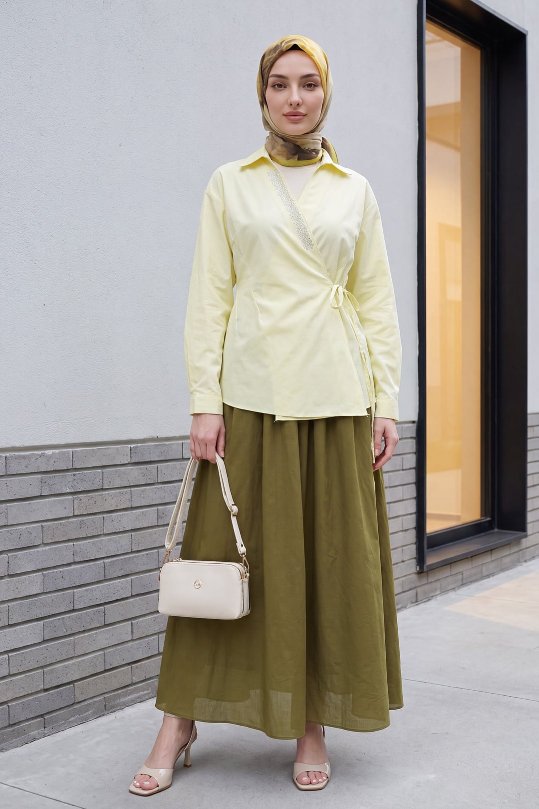 Side-Tie Rhinestone Wrap Collar Poplin Blouse - Pale Yellow - Podyumplus - by Peralane - photo 2