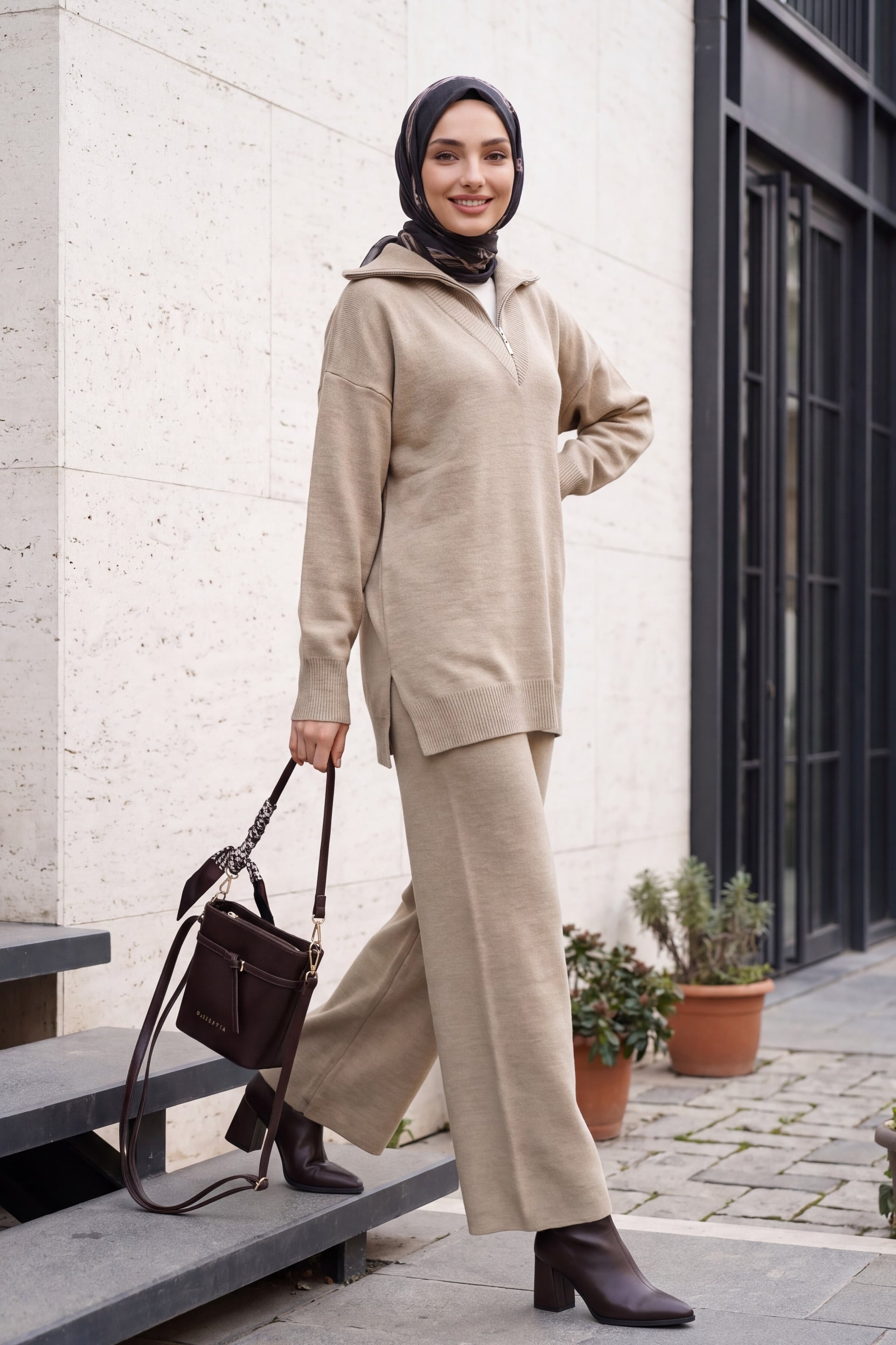 Turtleneck Zip Slit Detail Knit Set in Beige - Podyumplus - by Peralane - photo 2
