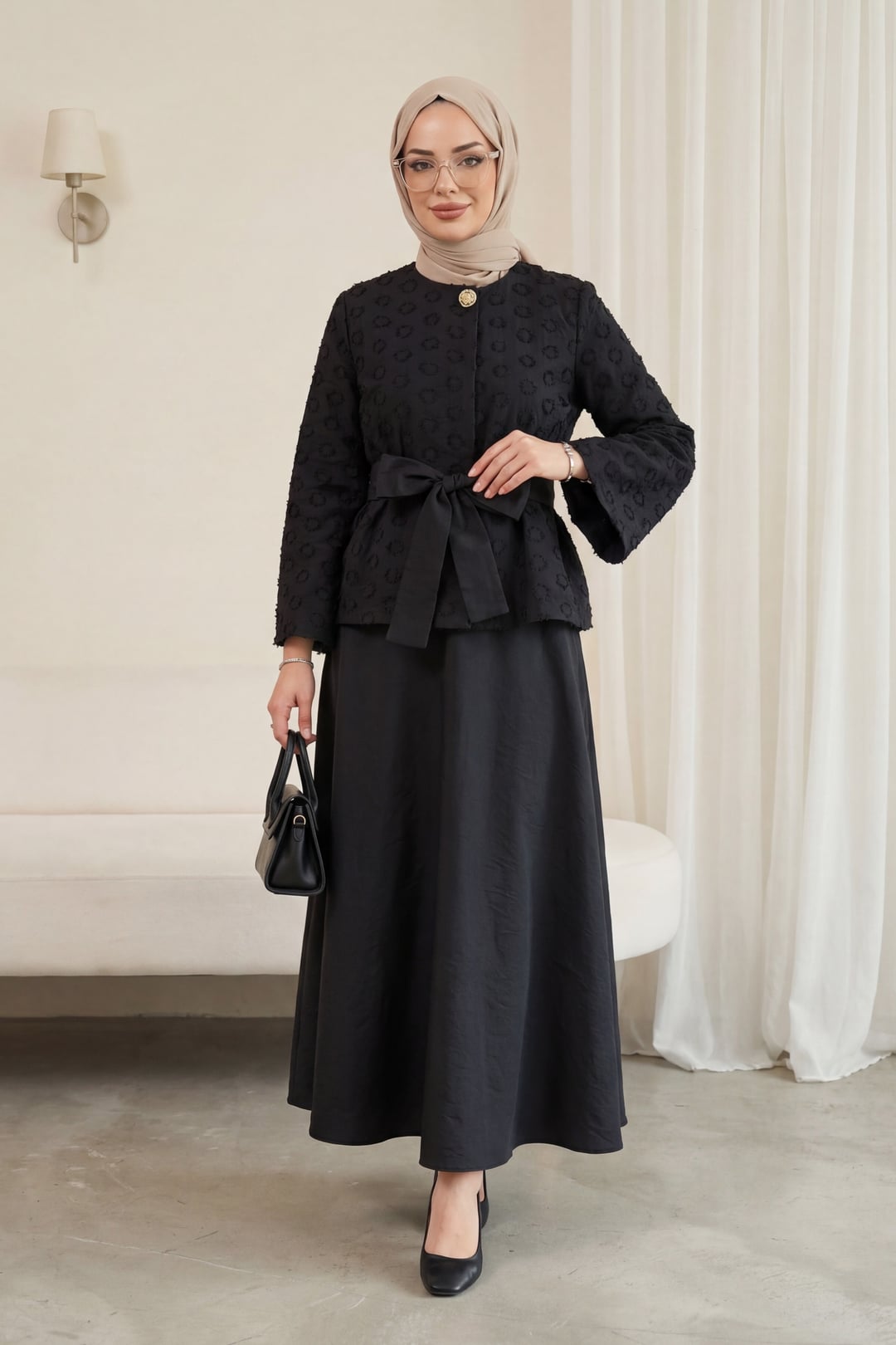 Black One-Button Belted Flared Skirt Two-Piece Set - Podyumplus - by Peralane - photo 3