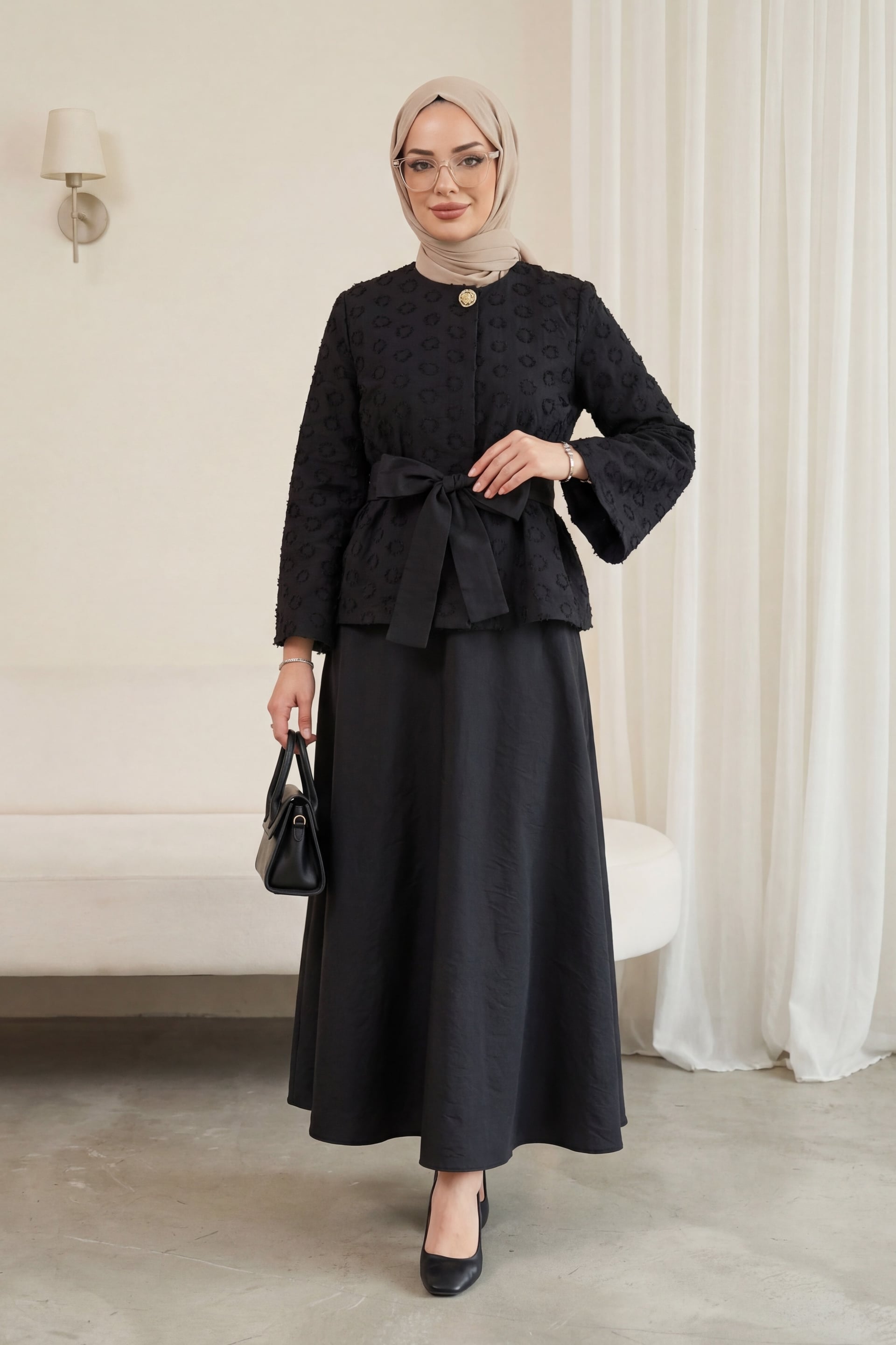 Black One-Button Belted Flared Skirt Two-Piece Set - Podyumplus - by Peralane - photo 3
