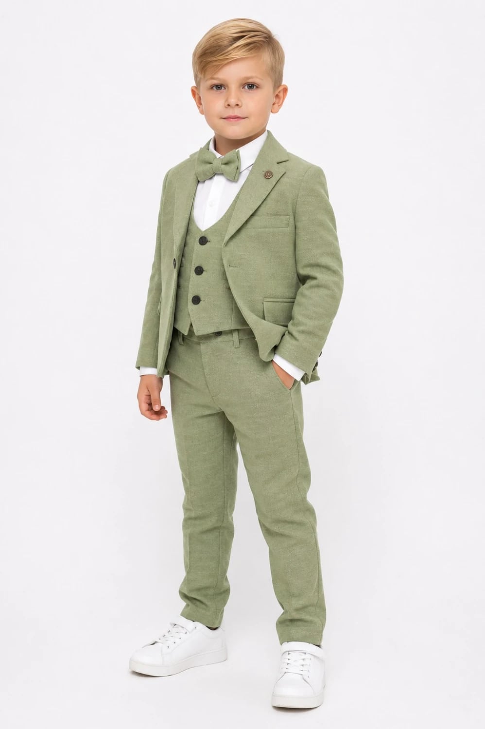 Boys' 4-Piece Linen Suit Set in Sage Green with White Shirt and Bow Tie - Terry - by Peralane